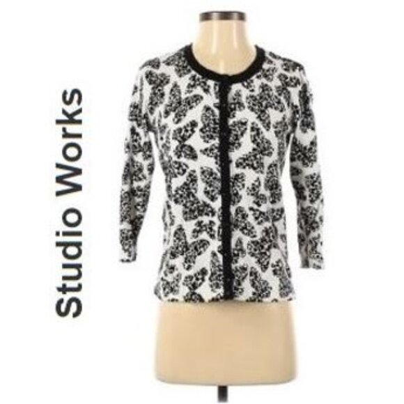 STUDIO WORKS! Boho black & white butterfly print cotton cardigan - Picture 1 of 13